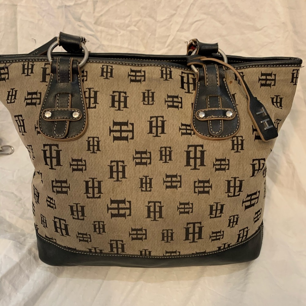 Tommy Hilfiger Beige and Black Monogram Canvas Tote